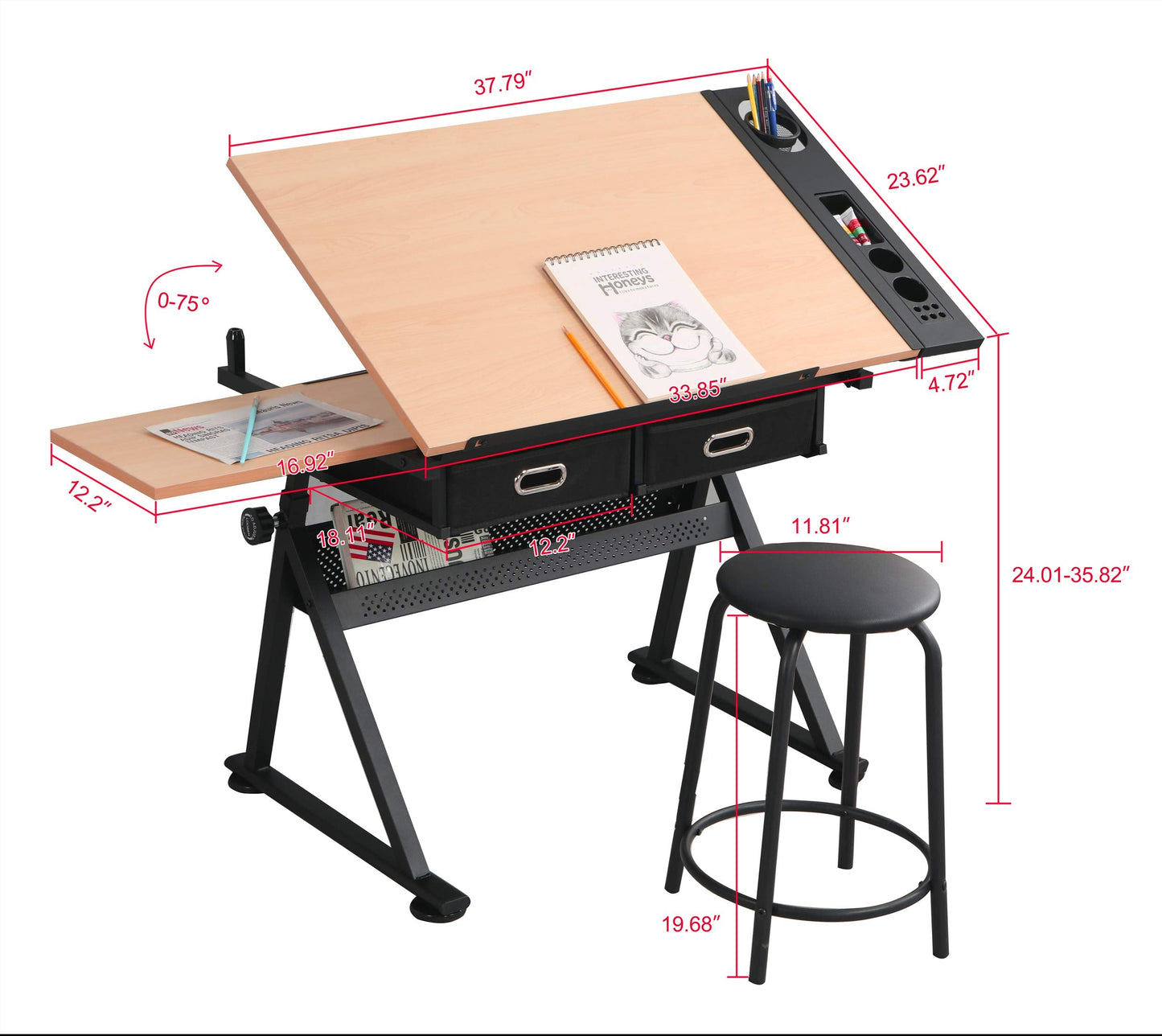 Waful Height Adjustable Drafting Draft Drawing Art Table Desk Tiltable Tabletop Art Craft Paintings Work Station Artist Table for w/ 2 Storage Drawer for Reading, Writing Art Craft Work Station