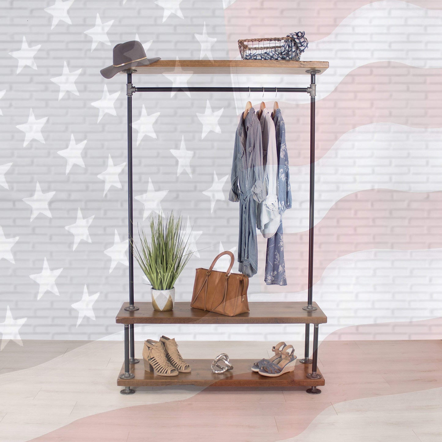 Industrial Pipe Clothing Rack with Wood Shelving by William Robert's Vintage