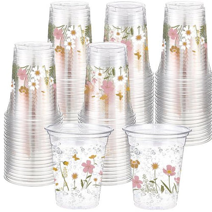 Hushee 60 Pcs Boho Floral Cups with Spring Summer Flower 16 oz Wildflowers Plastic Disposable Drinking Cups for Summer Spring Autumn Birthday Baby Shower Party Supplies