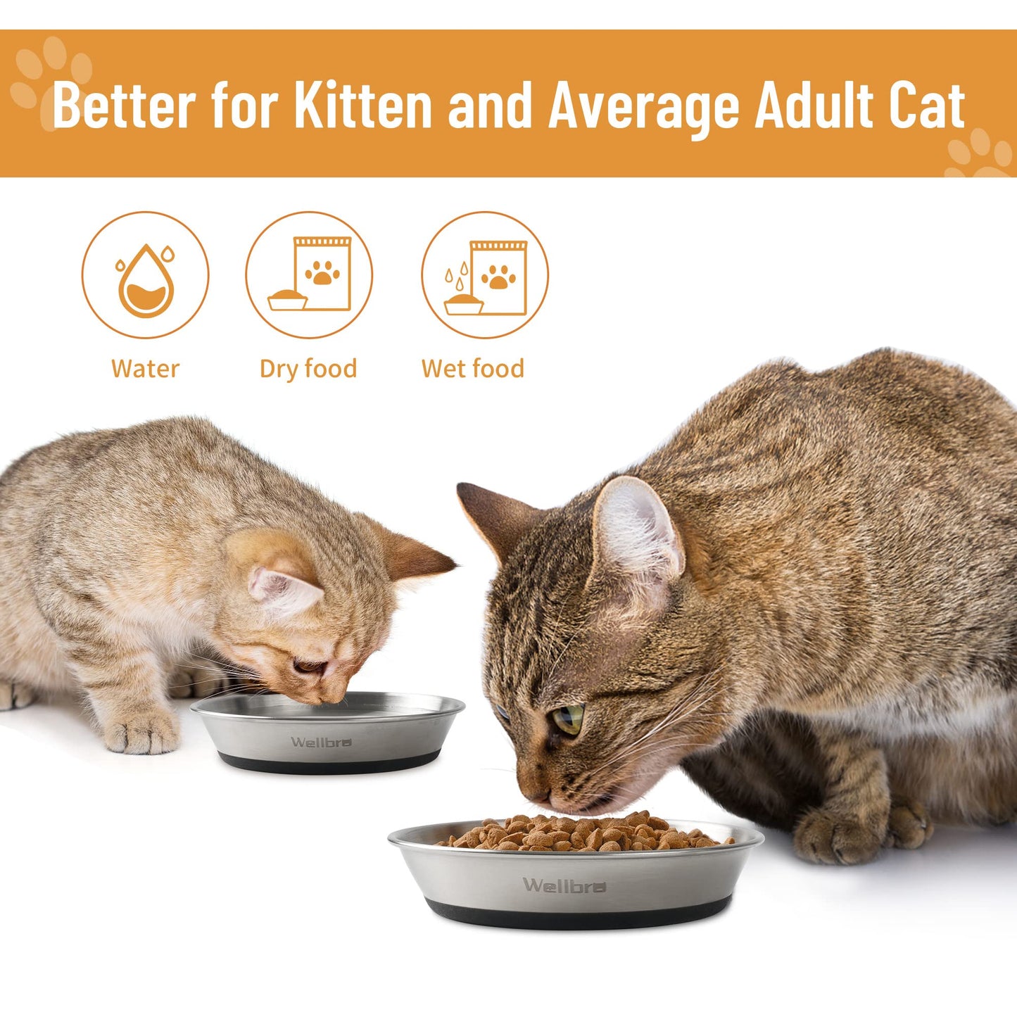 Wellbro Cat Bowls, 2 Pcs Stainless Steel Cat Bowls for Food and Water, Whisker Fatigue Shallow Non-Slip Dishes Plates for Small Dog Puppies Cats
