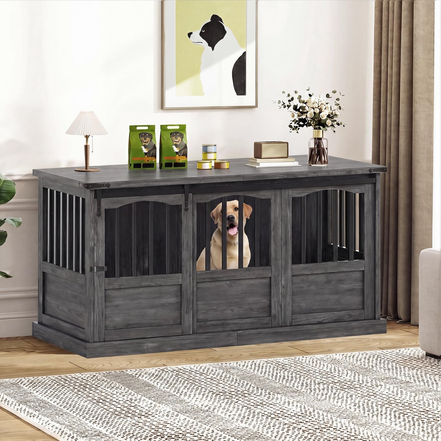 Homiflex 72" Double Dog Crate Furniture for 2 Medium Large Dogs Wooden Heavy Duty Dog Kennel Furniture with 2 Sliding Doors and Divider Decorative Dog Cage TV Stand End Table for Indoor, Grey