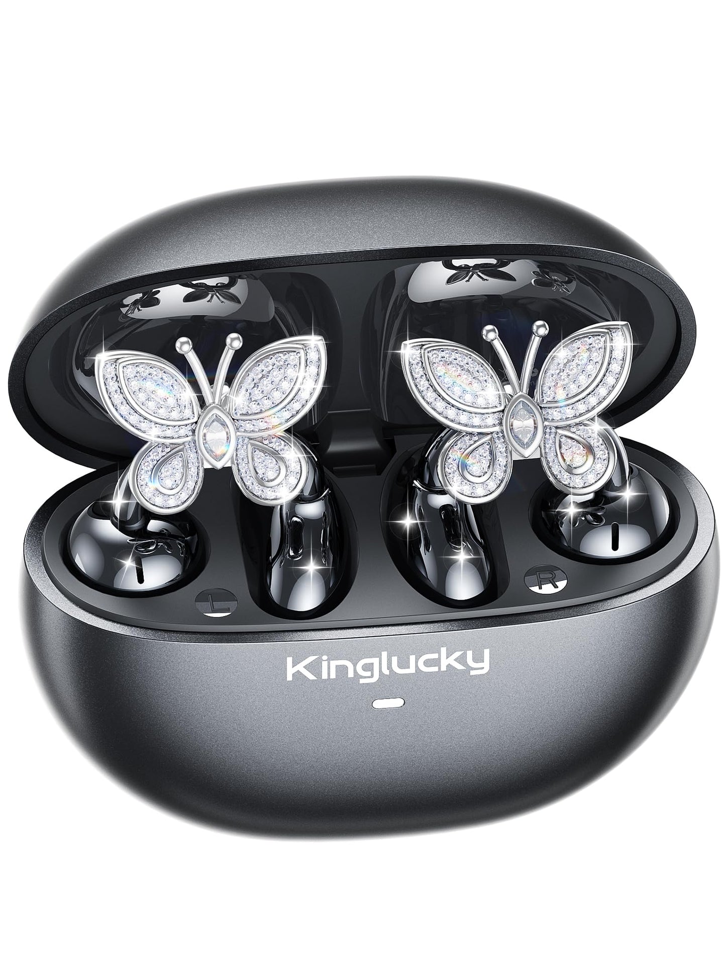 Kinglucky Jewelry-Inspired Clip-On Earbuds with Butterfly Earrings, Comfortable Fit & 50H Playtime Open Ear Bluetooth 5.4 Wireless Headphones for Women, Small Ears, Sports & Workouts (Black)