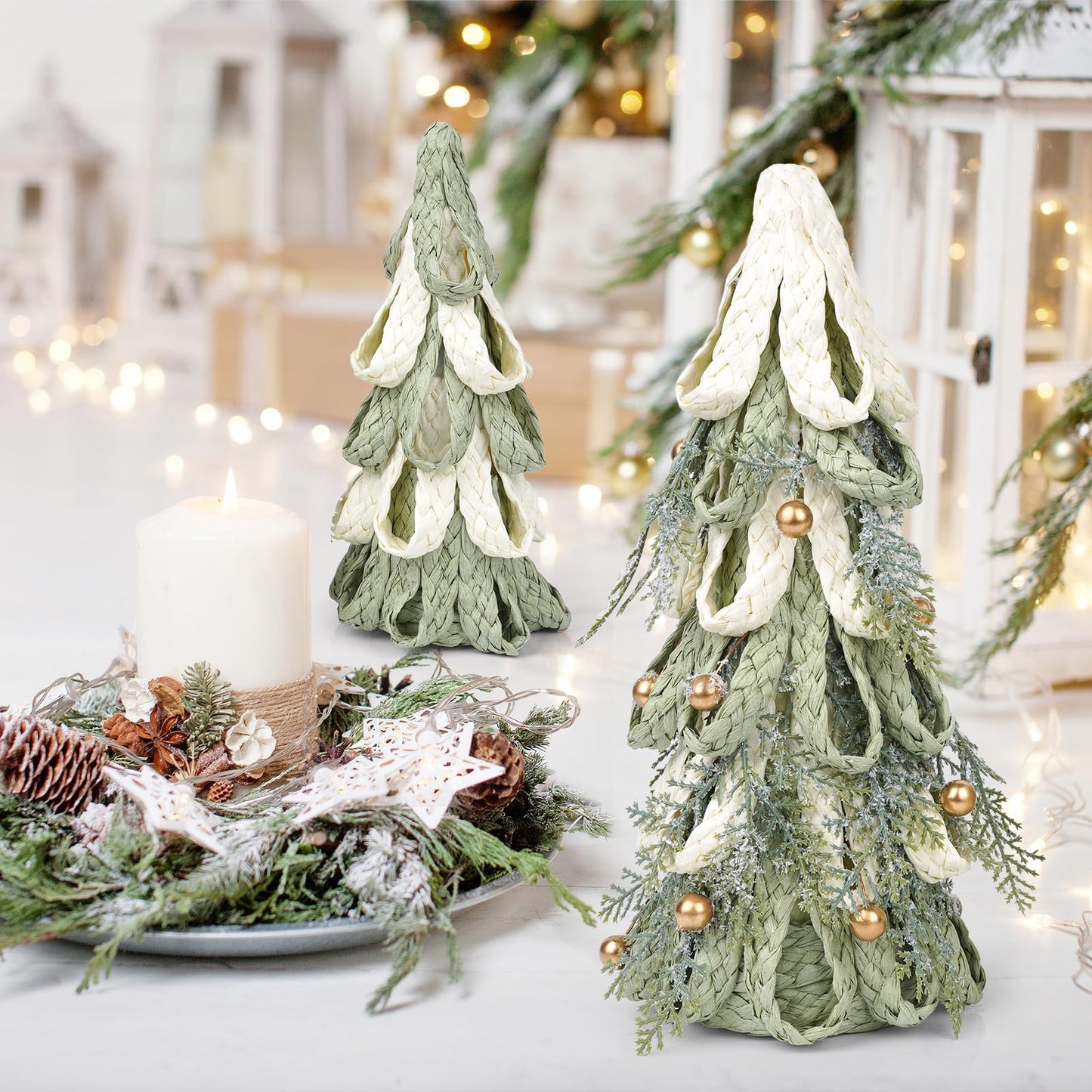 2PCS Hand Woven Christmas Tree Decor, Set of 11.8 Inch and 8.3Inch Tabletop Trees with Golden Berries, Farmhouse Winter Decor for Centerpiece, Mantel, Holiday Home Decorations