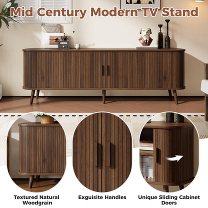 Merax 70 Inch Mid Century Modern TV Stand for TVs up to 80", Fluted Entertainment Center with Ample Storage & Sliding Doors, Curved Design Media Console for Living Room, Solid Wood Legs, Walnut