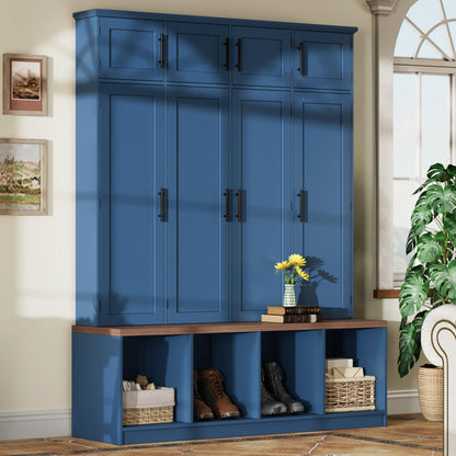 Hall Tree with Bench and Shoe Storage Compartments for Entryway, Particle Board Multi-Functional Cabinet with 4 Hanging Hooks, Blue