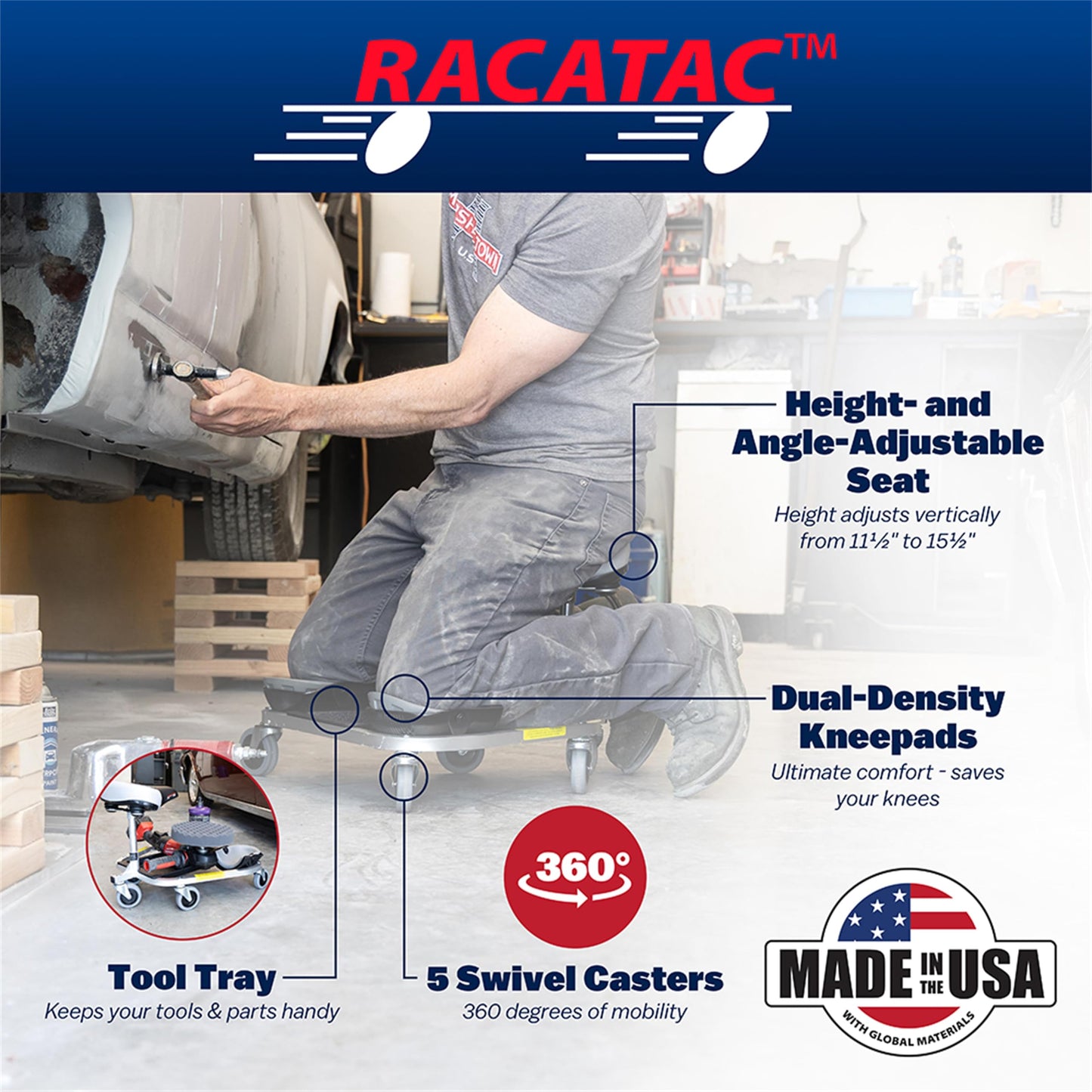 Racatac Kneeling Sitting Creeper with 3 Inch Casters, Rolling Knee Pads with Seat, Adjustable Seat, Knee Pads with Wheels, Made in USA, Floor Creeper, 01RAC3