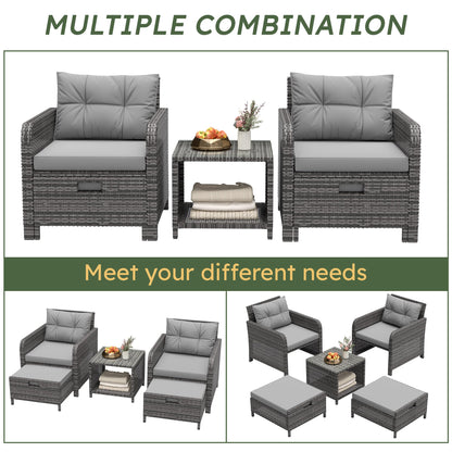 LHBcraft Balcony Furniture 5 Piece Patio Chairs Conversation Set, PE Wicker Rattan Outdoor Lounge Chairs with Soft Cushions 2 Ottoman-Glass Table for Porch, Charcoal