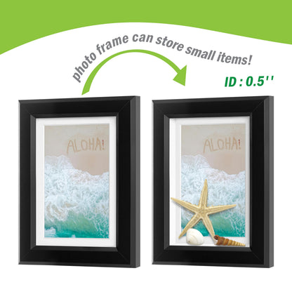 FrameWorks 2-Pack 1 3/8" Thick Black Wooden Shadow Box Picture Frames 5” x 7” with Removable White Mat to 4" x 6" Photo