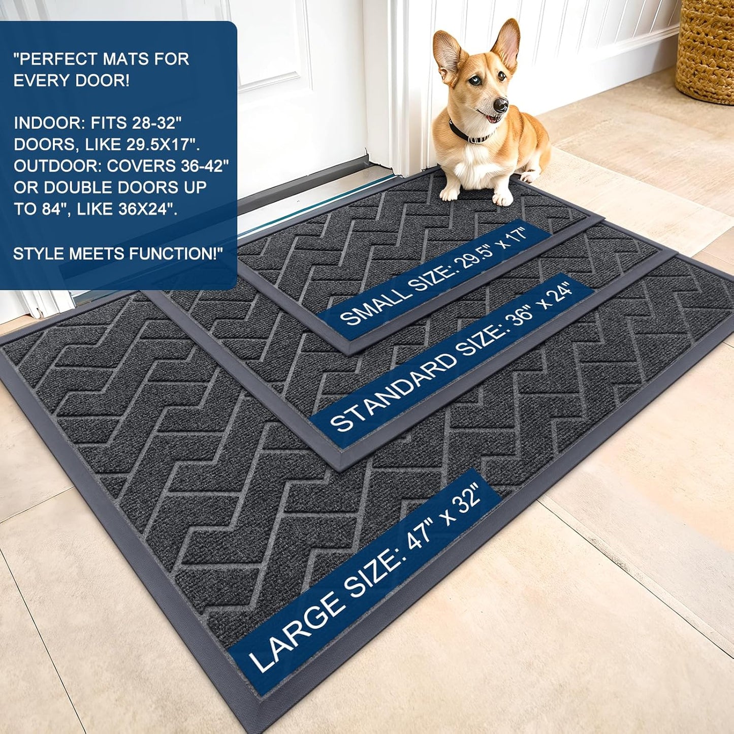 OLANLY Waterproof Front Door Mat - All-Season Indoor/Outdoor Doormat, Sturdy Natural Rubber, Grey Herringbone (71x47)