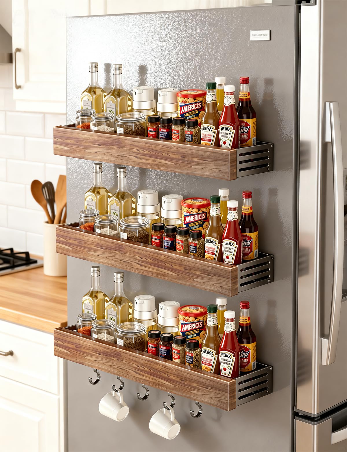 Oerlisoo spice rack wood kitchen spice rack wall mounted adjustable adhesive or screw, hung on the door and wall, black large rack for storing items in refrigerators and ovens