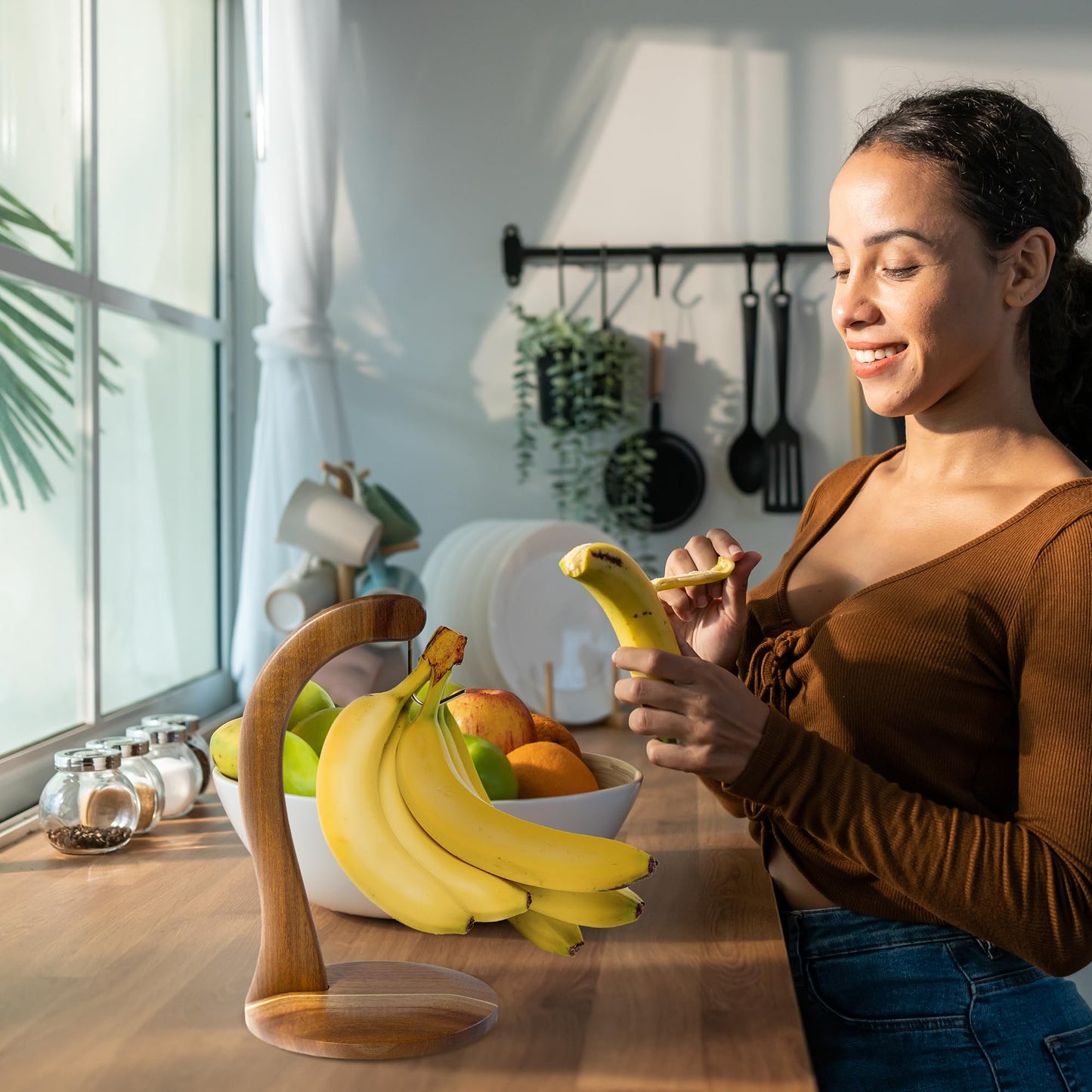 Totally Bamboo Rock & Branch Acacia Wood Banana Holder, Wooden Banana Hanger Stand with Metal Hook