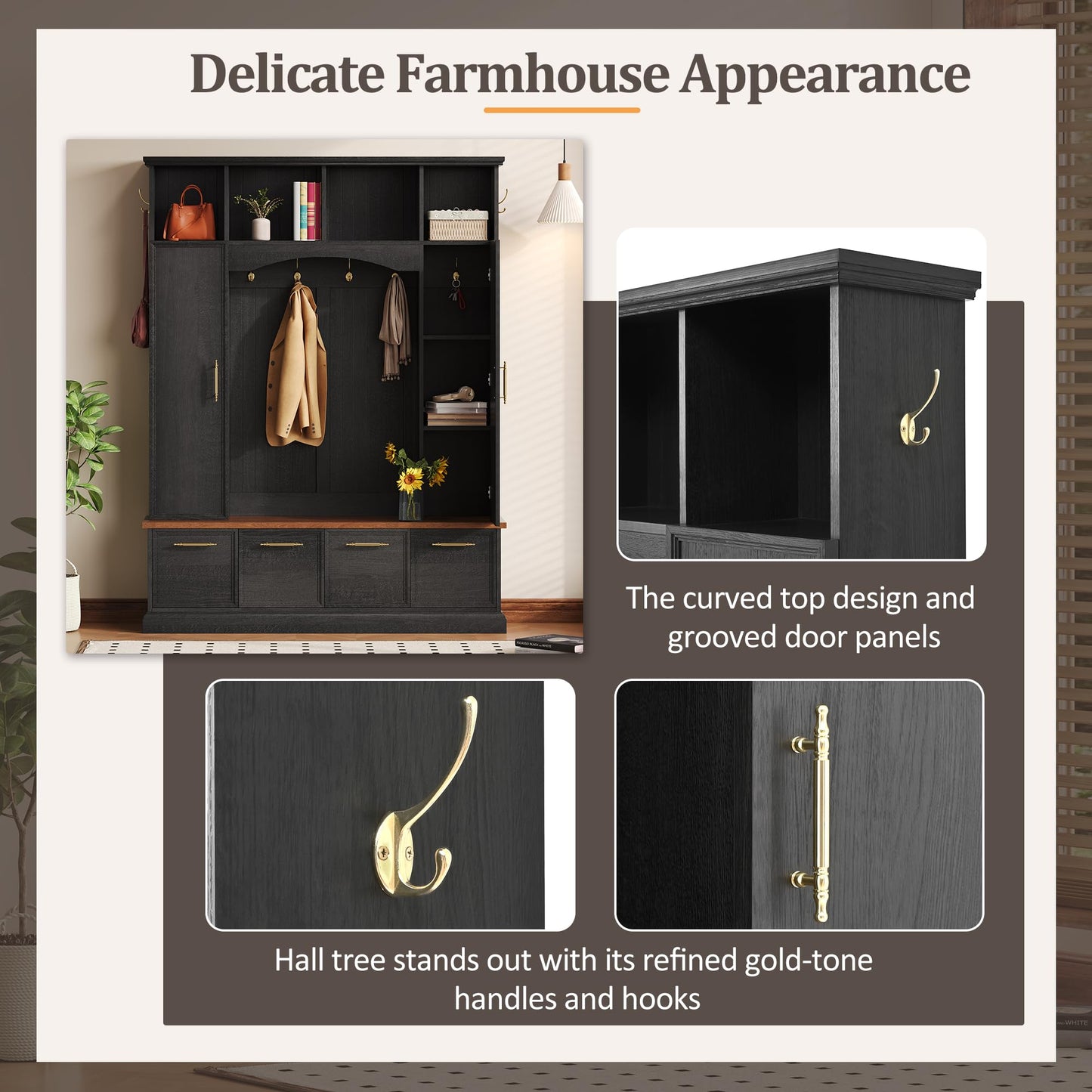 Merax 59" Farmhouse Hall Tree with Golden Hooks & Walnut Bench, Entryway Organizer with Adjustable Shelves, Shoe Storage, Anti-Tip for Mudroom, Living Room, Black