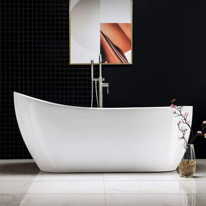 WOODBRIDGE 67" Acrylic Freestanding Bathtub Contemporary Soaking White Tub with Brushed Nickel Overflow and Drain，B-0001-BN