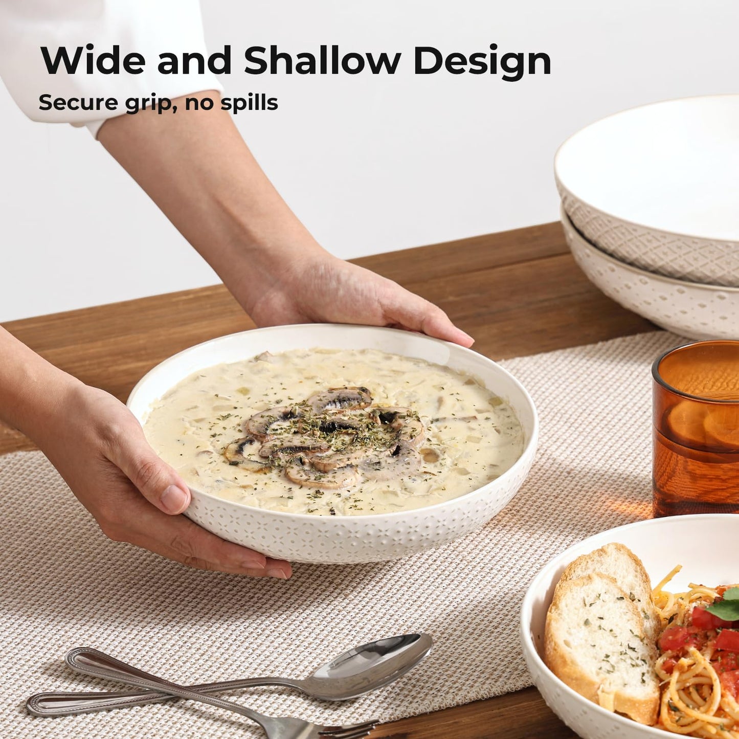 Y YHY 8.5" Pasta Bowls Set of 4, 30 oz Embossed Salad Bowls for Serving Soup, Noodle, Fruit, Dinner, Kitchen Deep Plates, Ceramic Dinnerware Sets, Soft White Dishes for Thanksgiving Day Gifts
