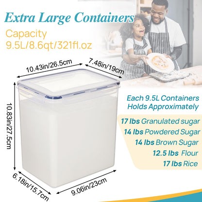 Vtopmart 9.5L 2 Pack Extra Large Flour Sugar Storage Containers for 25lbs flour, Airtight Kitchen Pantry Organization Canisters with Lids for Bulk food, Rice, Baking Supplies, BPA Free, Black