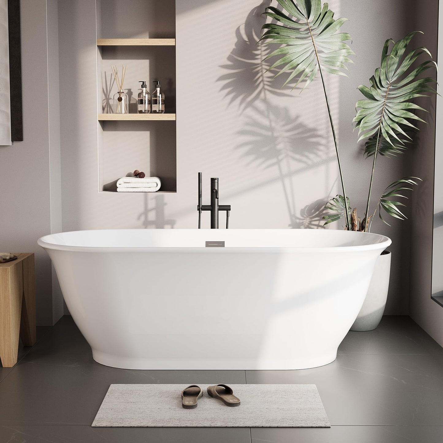 67" Free Standing Tub, Acrylic Soaking Bathtub, Stand Alone Freestanding Tub with Matte Sliver Drain and Overflow, Contemporary Bathtub for Bathroom, Flora
