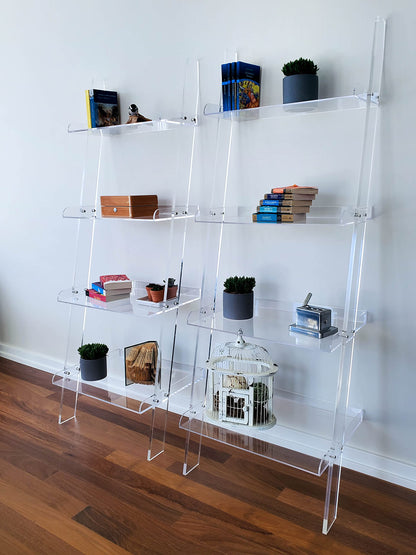 Acrylic Ladder Bookcase Wall Leaning Shelves – Large & Robust Modern Clear Floating Bookshelf - Decor Display for Open Shelving, Organizer, or Storage in the Living Room, Office, Bedroom, or Bathroom