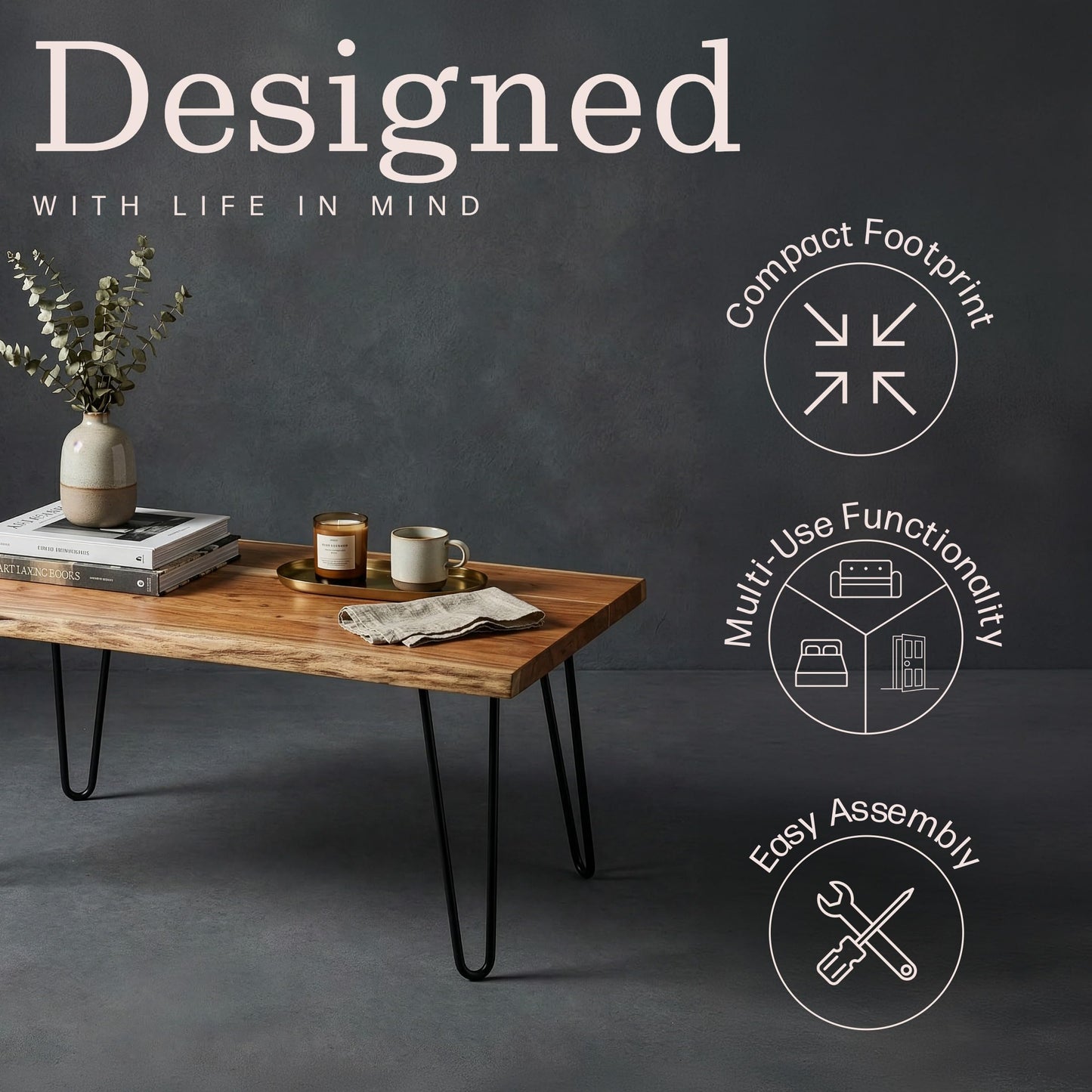 Alaterre Furniture Live Edge Wood Coffee Table with Hairpin Metal Legs – Rustic Modern Farmhouse Living Room Table with Acacia Wood Top (48 Inch)