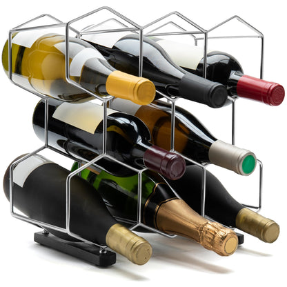 CASA VELUTI Countertop Wine Rack - 8-Bottle - Stainless Steel & Charcoal Oak - 3 Tier Tabletop Wine Holder Stand for Cabinet, Pantry - Freestanding - No Assembly Required