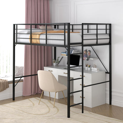 Realhotan 75Inch Full Loft Bed with Ladder and High Guardrail, No Box Spring Required,Space-Saving,No Sagging Metal Slat Support Heavy Duty Bedframe, Black