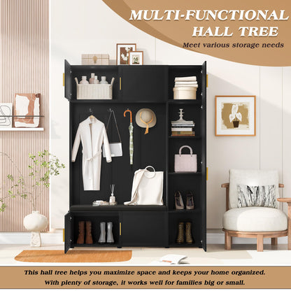 Amposei Modern Hall Tree with Shoe Storage Bench & Coat Rack, 79.72''H Tall Entryway Cabinet Organizer with 6 Doors, 4 Hooks & Padded Seat for Hallway Mudroom Living Room, Black
