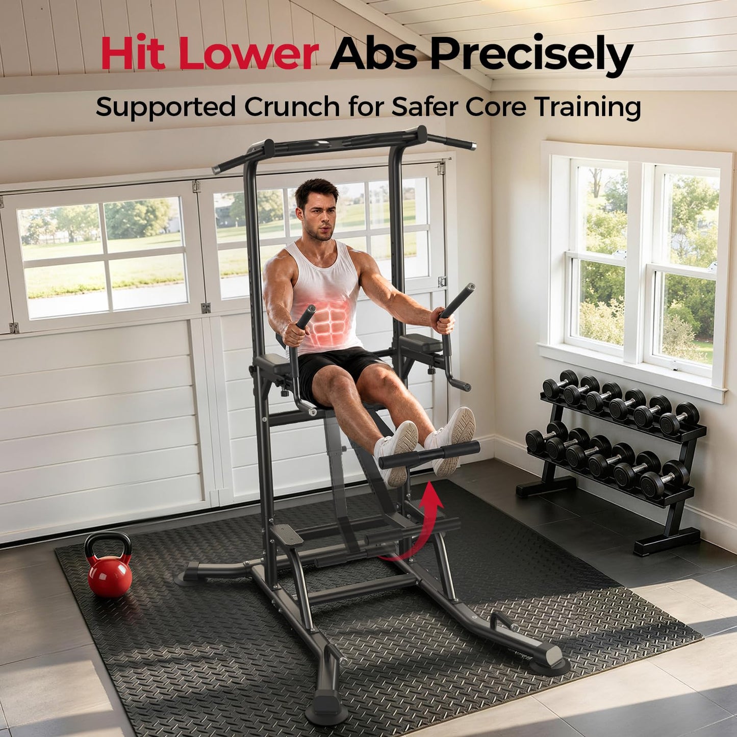 FLYBIRD PT6 Heavy Duty Power Tower with Assisted Leg Raise, Multi-Function Pull Up Bar & Dip Station for Core and Ab Training, Home Gym Equipment, 800 LBS Capacity | FED Fitness