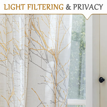 FMFUNCTEX White Sheer Front Door Curtains, 40 Inches Long Yellow Grey Print Branch Tree Half French Panel, 50 Inches