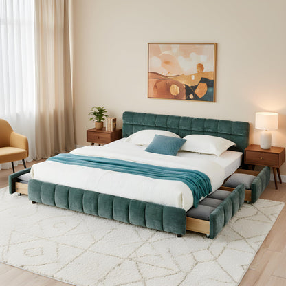 KEIKI King Thick Chenille Bed Frame with 4 Storage Drawer & Upholstered Tufted Headboard, Modern Solid Wood Floor Platform for Bedroom, No Box Spring Needed