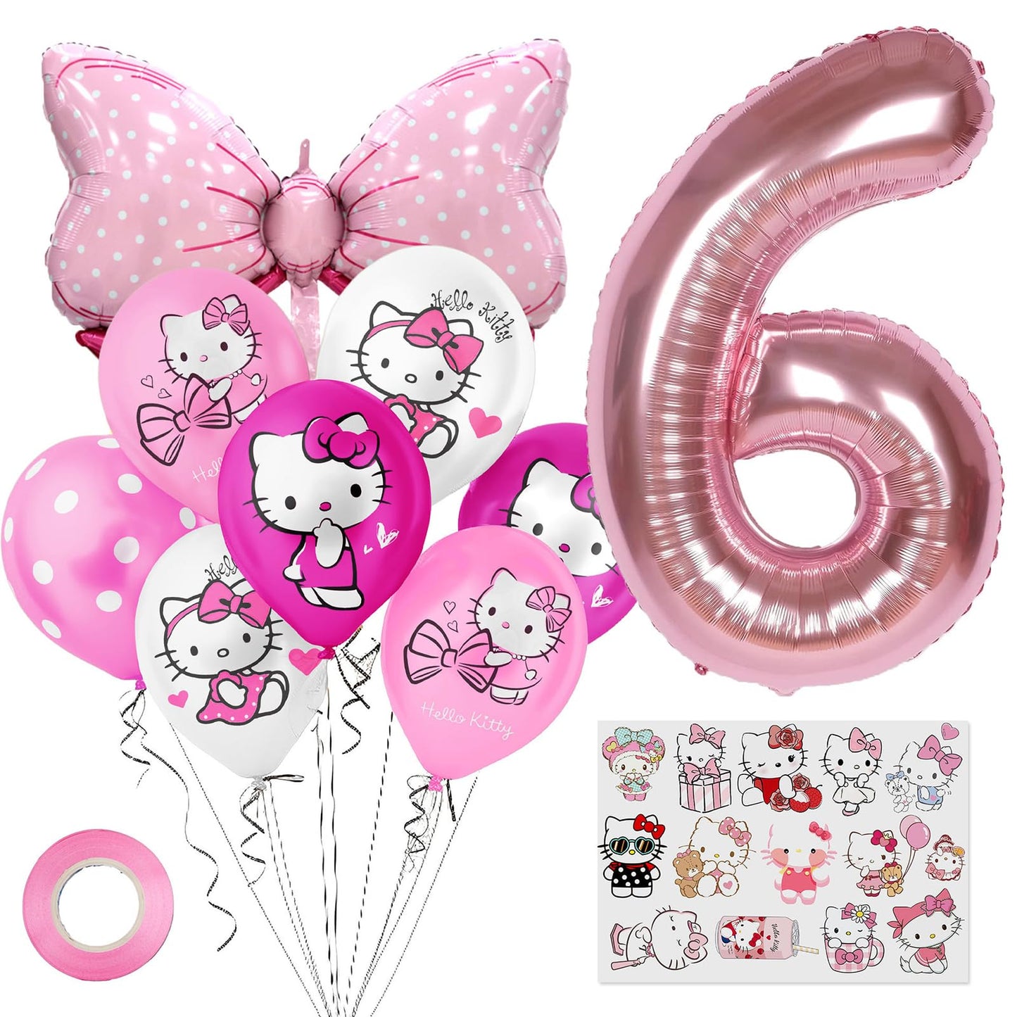Cute Cartoon Birthday Decoration Party Supplies, Including Pink Thematic Numbers 6 Foil Balloons, Cute Latex Balloons, Cartoon Sticker