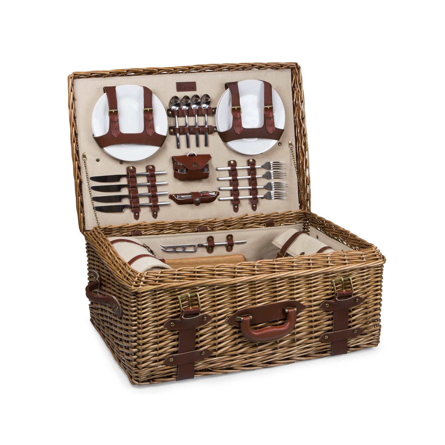 PICNIC TIME Charleston Luxury Picnic Basket for 4, Romantic Vintage English-Style Wooden Basket, Complete Deluxe Service With Blanket, Suitcase-style Handle and Genuine Cowhide Leather, (Beige Canvas)