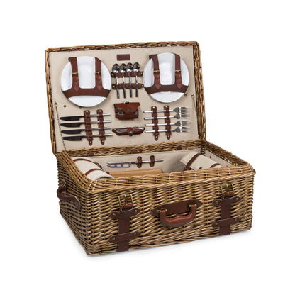 PICNIC TIME Charleston Luxury Picnic Basket for 4, Romantic Vintage English-Style Wooden Basket, Complete Deluxe Service With Blanket, Suitcase-style Handle and Genuine Cowhide Leather, (Beige Canvas)