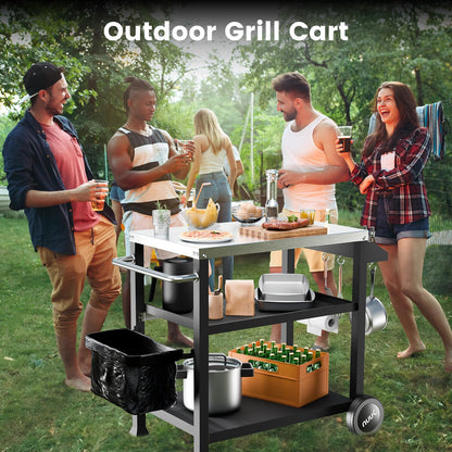 NUUK 3-Shelf Grill Cart for Outdoor with Stainless Steel Top – 20" x 32" Movable Pizza Oven Stand with Wheels Kitchen Prep Table BBQ Cart Worktable