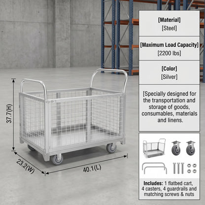 Platform cart, with cage, 4-in-1 Multi-Purpose Rolling Heavy-Duty cart, Rollable Folding cart, Load Capacity 2200 pounds, pushcart with 4 Wheels, Used in Grocery Stores,garages, Warehouses (Silver)