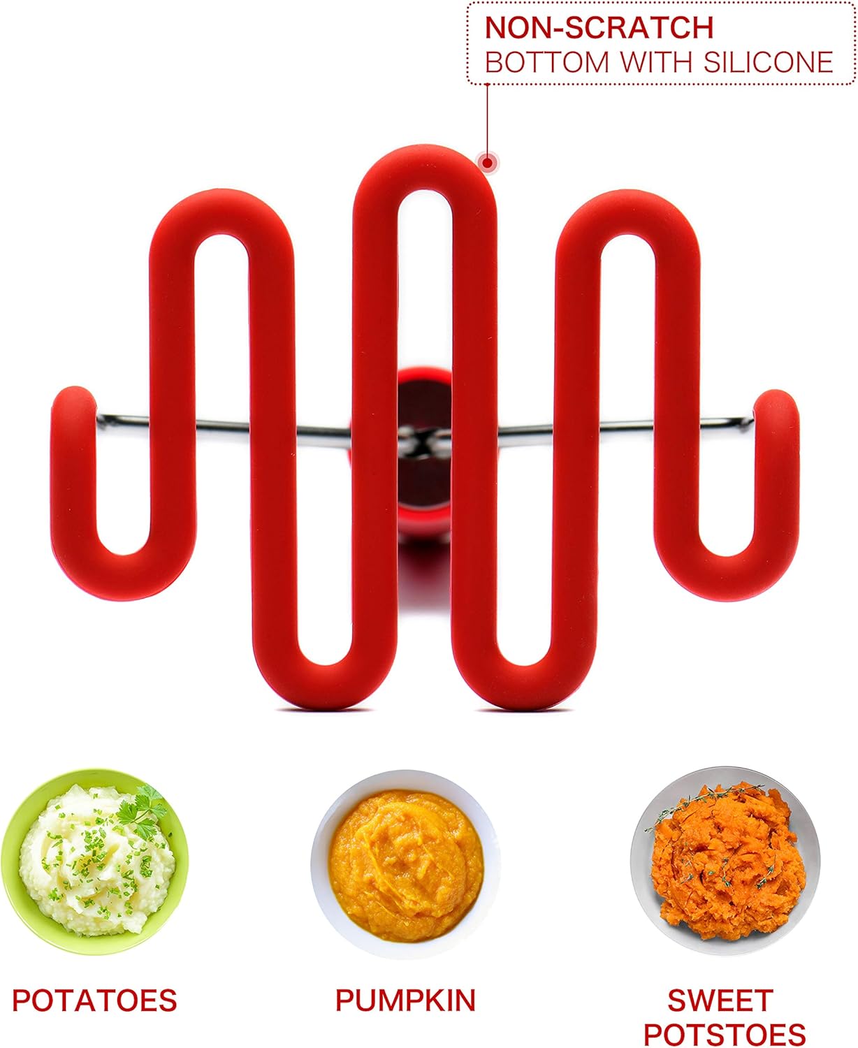 Jell-Cell Potato Masher, Silicone Protect Body with Premium Stainless Steel for Smooth Mashed Potatoes, Red