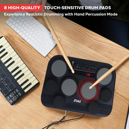 Pyle Electronic Tabletop Drum Pad Set - Compact Portable Drum Kit w/ 8 Touch Sensitive Drum Pads and Pedals, 600 Sounds, USB & Headphone Outputs, MIDI/AUX Inputs - 80 Preloaded Kits (Black)