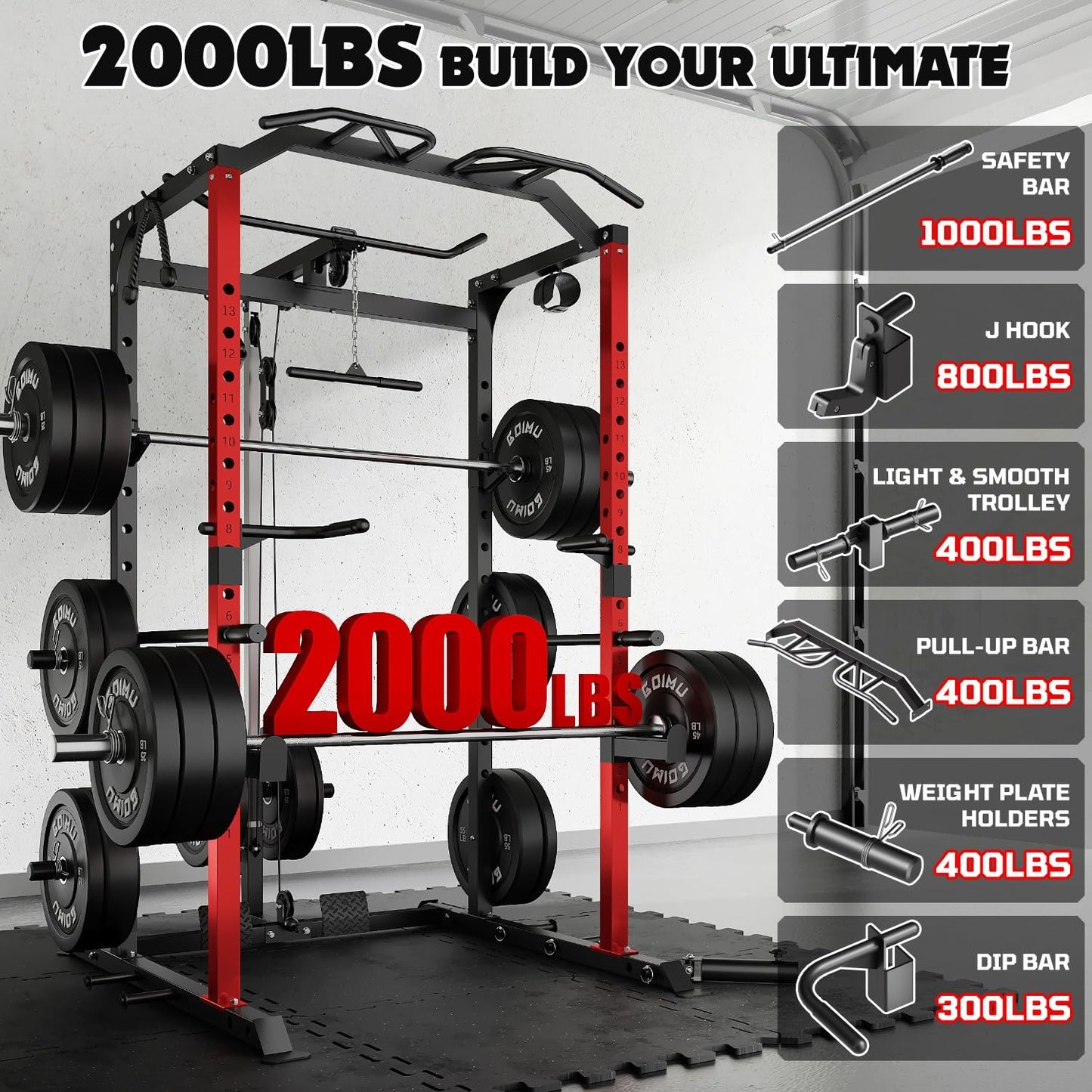 Goimu C1-V4 Power Cage, 2000LBS Squat Rack with LAT Pulldown, Multi-Function Weight Cage Strength Training Machine, Workout Cage with More Attachments for Home Gym Garage (RD Power Cage C1)