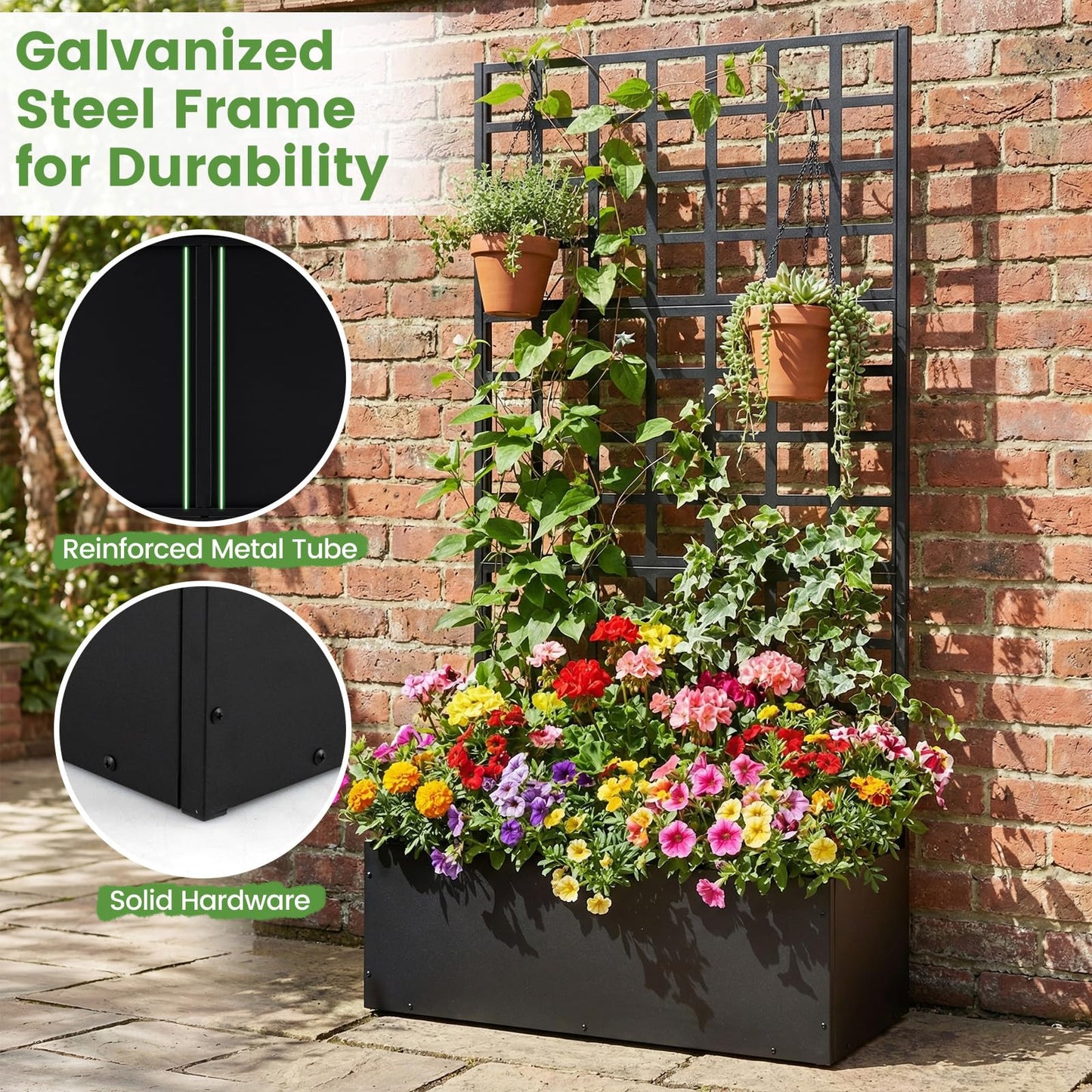 Giantex 2 Pack Metal Raised Garden Bed with Trellis, 71"x36"x16" Galvanized Planter Box w/Drainage Holes for Climbing Plants Vegetables Flowers, Outdoor Privacy Screen for Patio Backyard Balcony