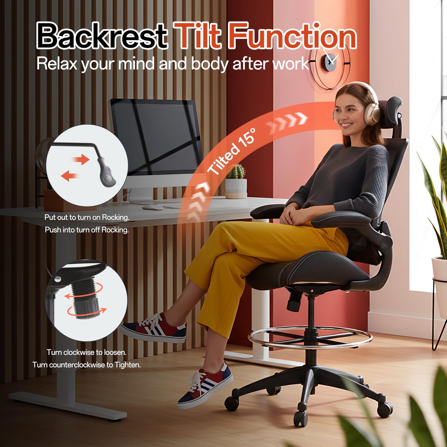 BOLISS Tall Ergonomic Office Chair, Sustainable Tech-Leather Drafting Chair with Adjustable Foot Ring, 90° Flip-Up Arms Space Saving Mesh Computer Desk Chair for Standing Desk Executive Work 8+ Hours
