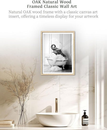 iHery Natural Oak Wood Framed Wall Art - Funny Elephant Bathing Canvas Print | 12x16 Inch Black & White Decor
