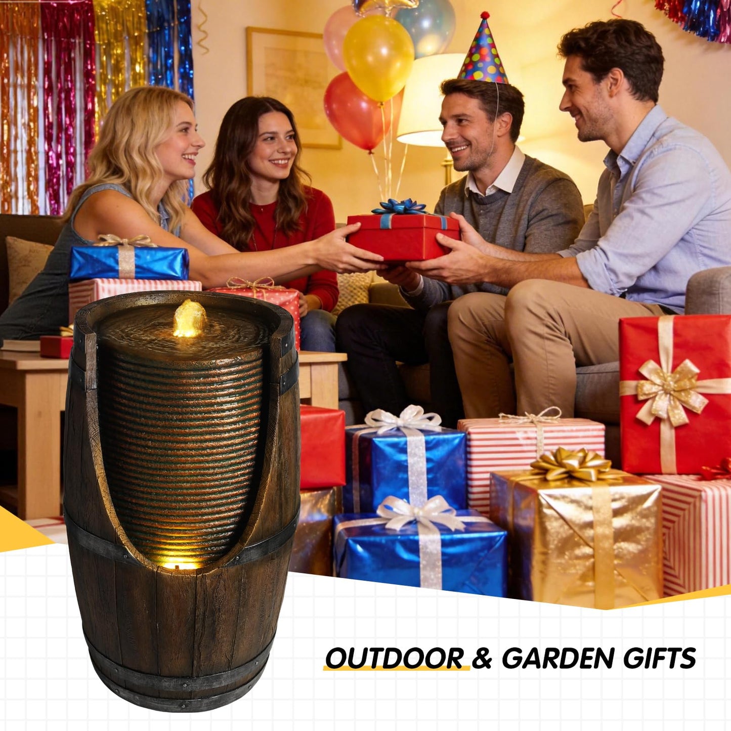 mdj pottery 24.8" Tall Outdoor Water Fountain, Rustic Barrel Style Cascading Resin Waterfall with Warm LED Lights, Weather-Resistant Patio Fountain for Patio Yard Porch - Brown Gray