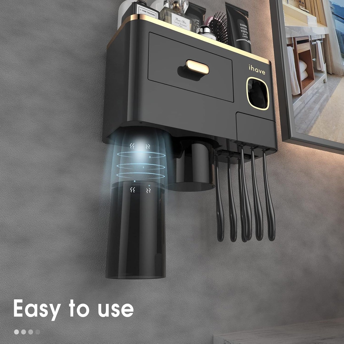 2 iHave Toothbrush Holders Wall Mounted with Toothpaste Dispenser & Cups - Luxury Black and Gold Design for Bathroom