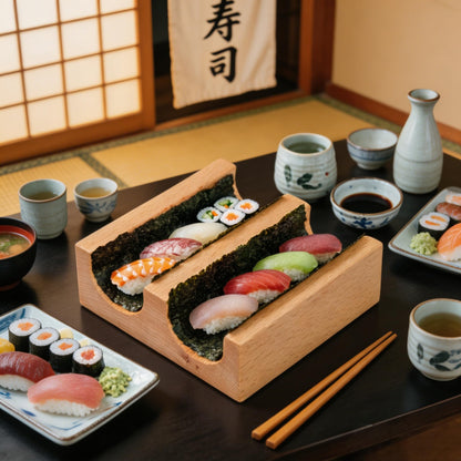 TUESMEILL Sushi Taco Holder:Wooden U Shaped Sashimi Plate Japanese Food Serving Tray Taco Display Stand Sashimi Rack for Home Restaurant Party Food Serving and Display (2 Slot )
