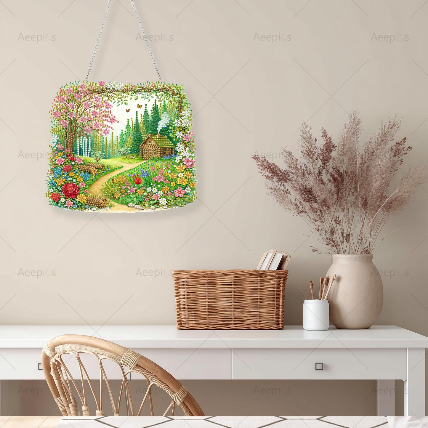 Aeepics Hanging Diamond Art Kit for Adult, DIY Diamonds Painting Pendant Ornament Kit, Acrylic Diamond Art Painting Board Kit (Cabin in The Wood)