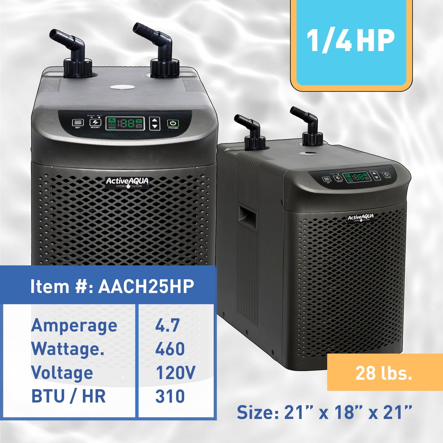 Active Aqua Hydroponic Water Chiller for Aquaponics, Plunge Baths and Aquariums, 0.25 HP - Portable Cooling System with Boost Function for 40-92 Gallon Reservoirs, Pure Titanium Evaporator Cooler