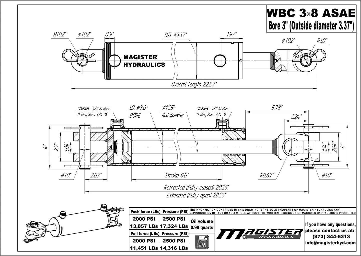 Magister Hydraulics Double Acting Hydraulic Cylinder - AG Clevis Hydraulic Cylinder 2500 PSI tie-Rod Alternative 3" bore 8" Stroke (3x8 ASAE)