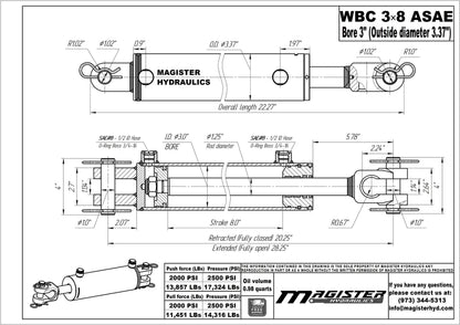 Magister Hydraulics Double Acting Hydraulic Cylinder - AG Clevis Hydraulic Cylinder 2500 PSI tie-Rod Alternative 3" bore 8" Stroke (3x8 ASAE)