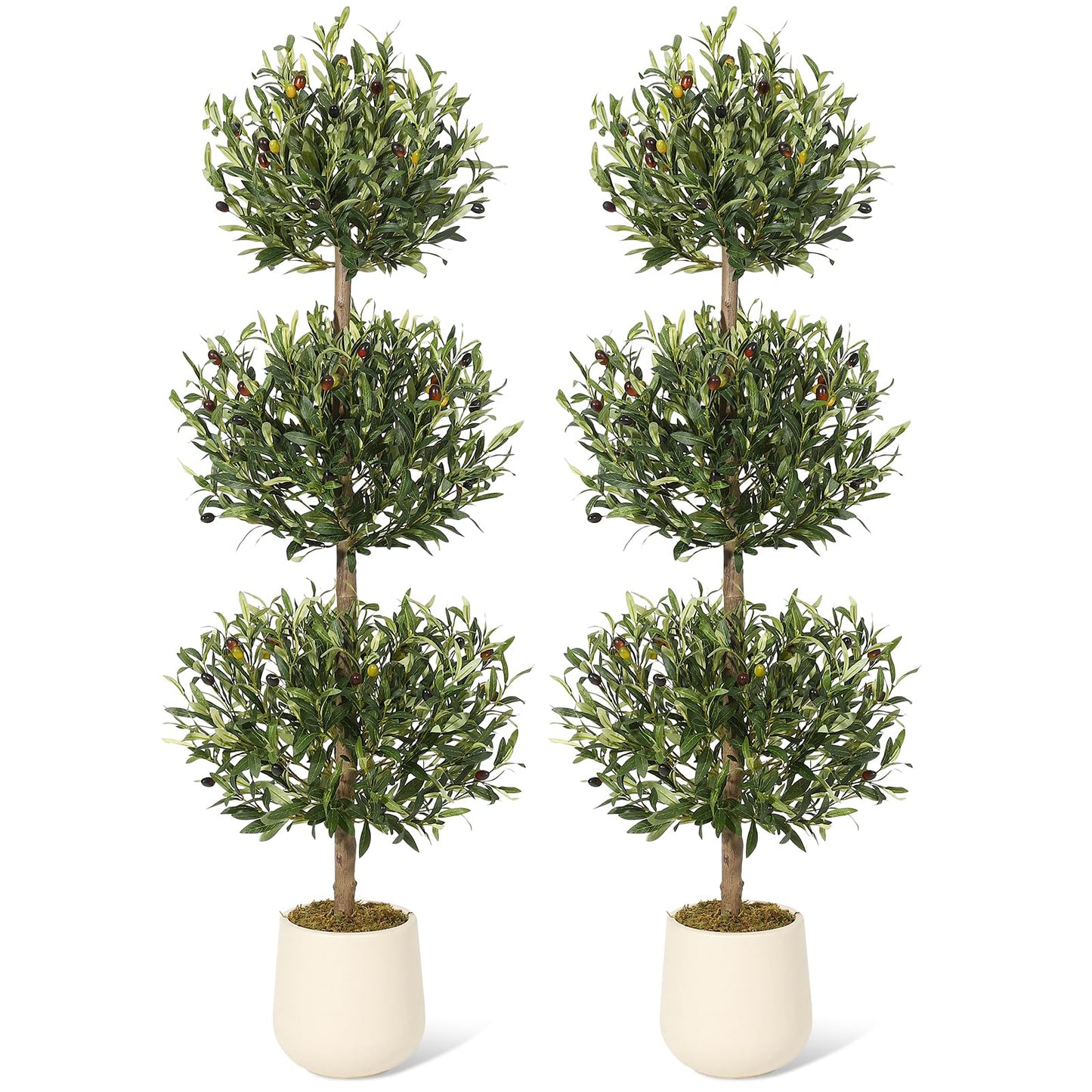 2 Pcs Artificial Olive Tree, 5FT Tall Olive Trees Artificial Indoor, Fake Olive Tree with Planter, 3-Tier Spherical Design Faux Olive Tree for Home Office Decor