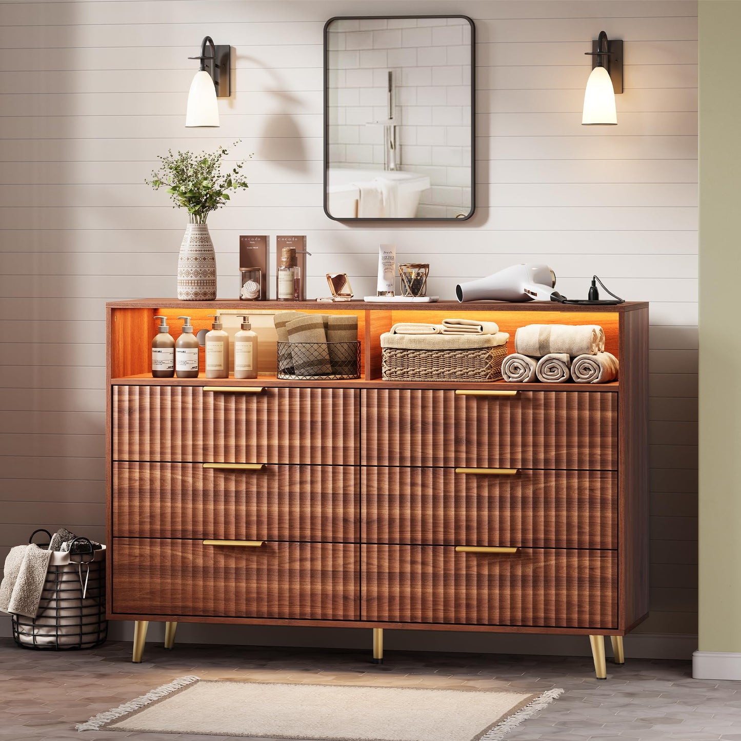 6 Drawers Dresser for Bedroom, 53.9" Wide Dressers with LED Lights and Charging Station, Curved Profile Design, Fluted Wood Drawers with Gold Handle, Modern Chest of Dressers for Living Room, Walnut