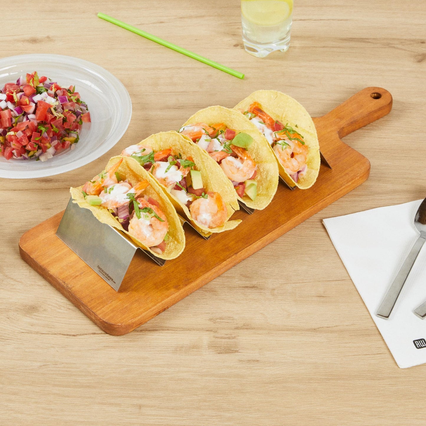 Restaurantware 10.7 Inch x 4 Inch Taco Stand 1 Holds 4 Tacos Taco Rank - Reversible Dishwasher Safe Stainless Steel Taco Holder For Hard Or Soft Shells