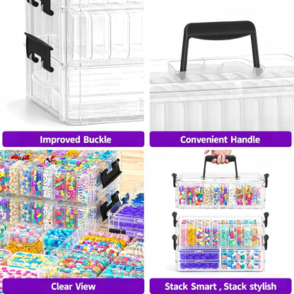 VANSUNS Bead Organizer Box 58 Pcs, 3-Tier Stackable Storage Box, and 3 Different Container Sizes Small Plastic Containers with Lids, Portability, Clear Organizers for Jewelry DIY Craft Storage